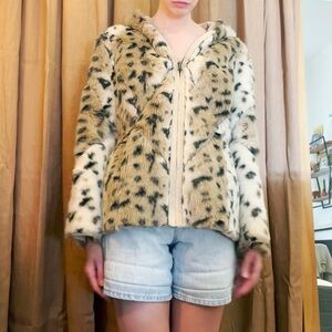 70s faux fur cheetah print hooded jacket with pockets